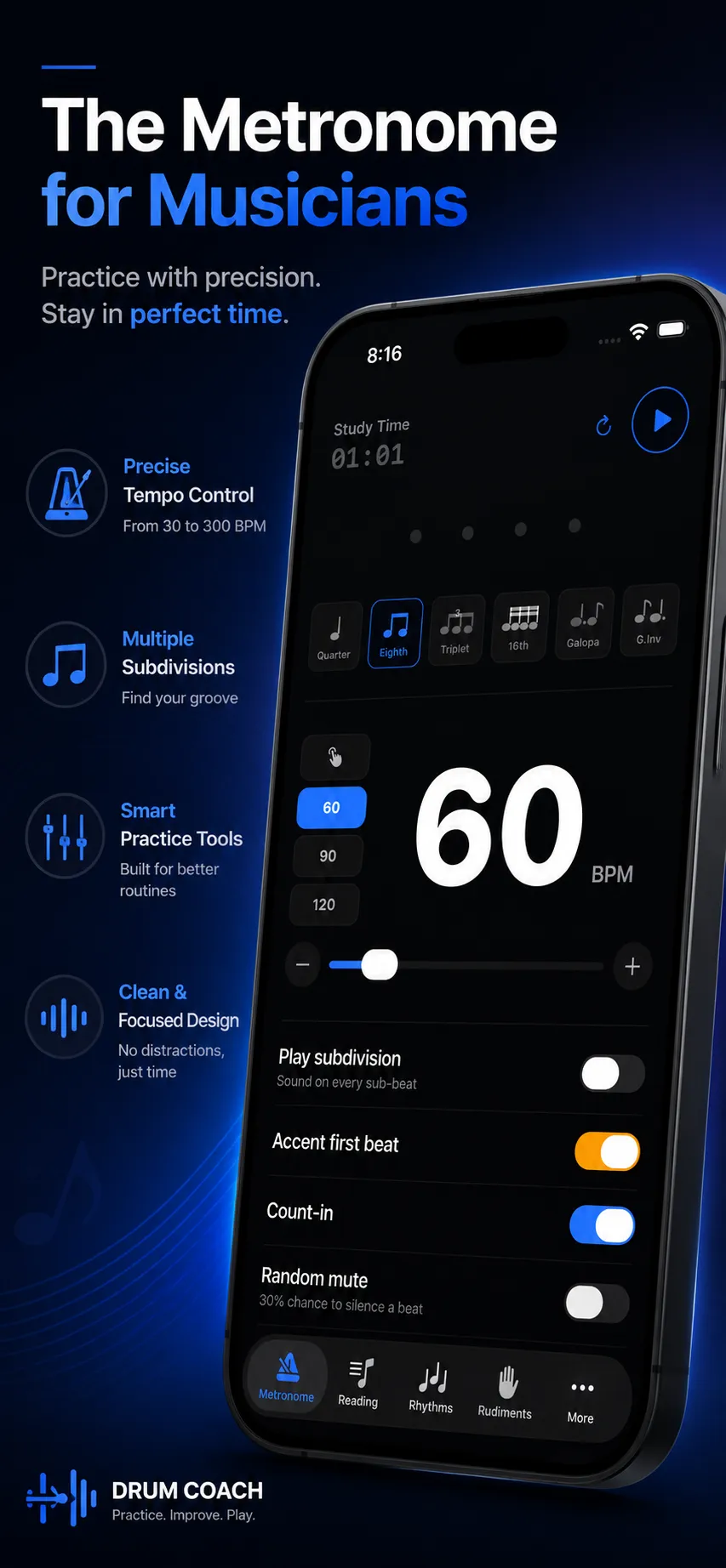 Drum Coach metronome screen in English